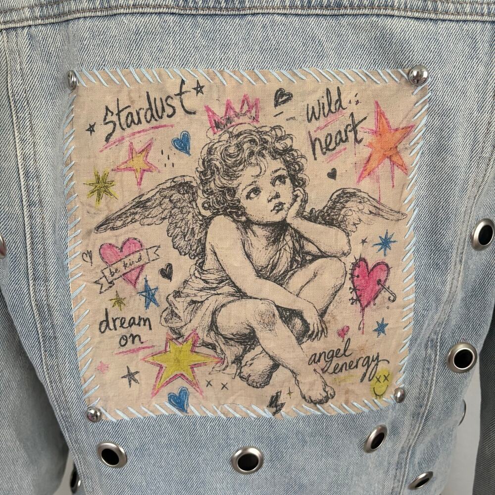 Upcycled Denim Jacket M Angel Cherub Grommet Stud Celestial Punk Boho Retro Blue - Picture 5 of 13
